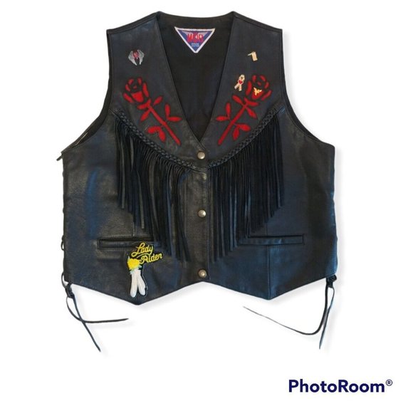 Women's MOB Rose Fringed Leather Vest with Suede Inserts and Pins - Picture 3 of 11